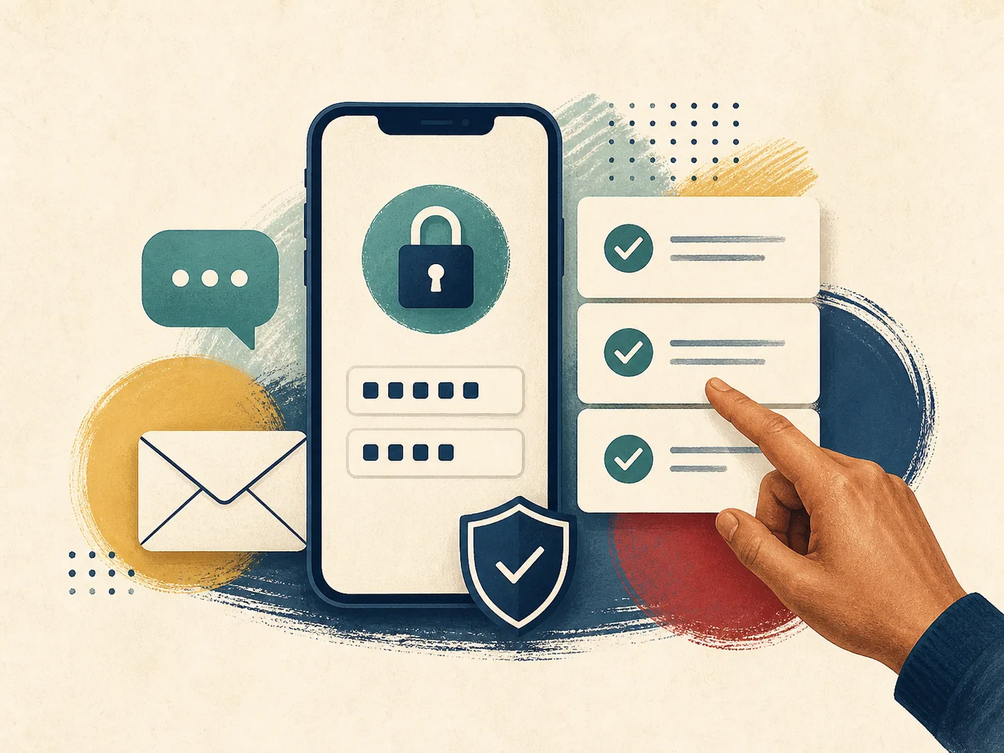 Ilustração de celular, senha, código de verificação e lista de checagem