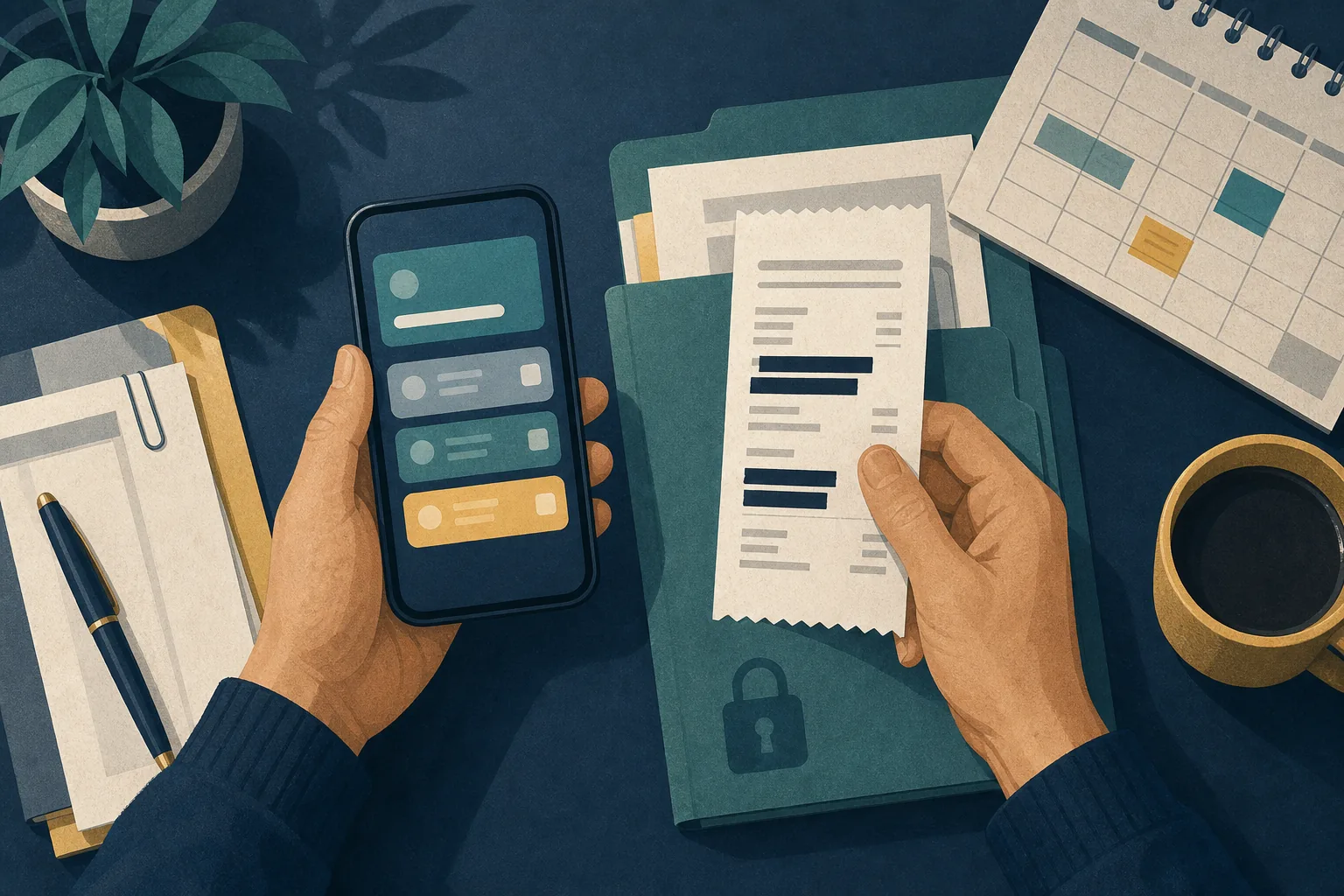 Celular e comprovante com dados sensíveis ocultos para registrar um problema