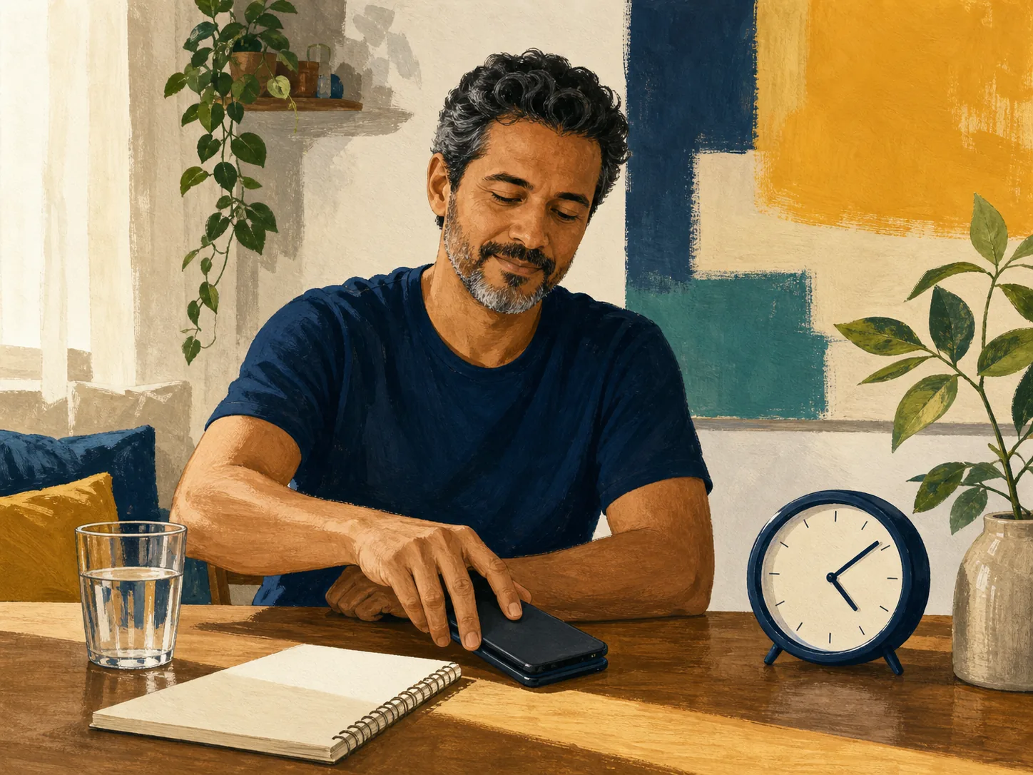 Pessoa fazendo uma pausa ao lado de relógio e caderno de orçamento