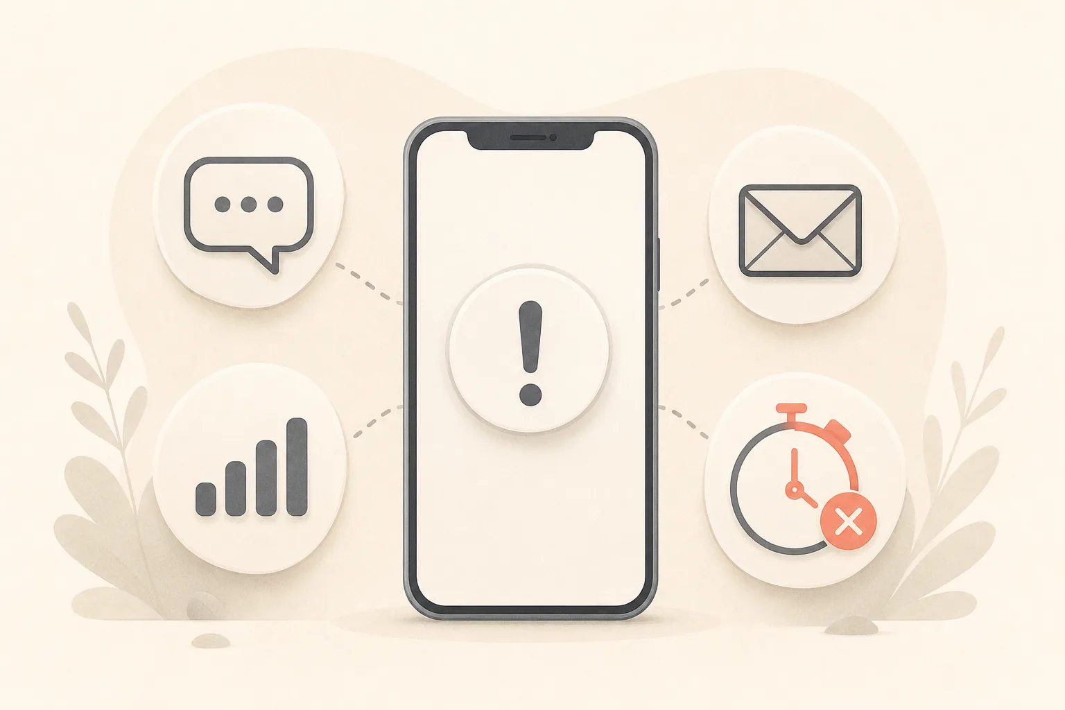 Celular com símbolos de SMS, e-mail, sinal e validade do código