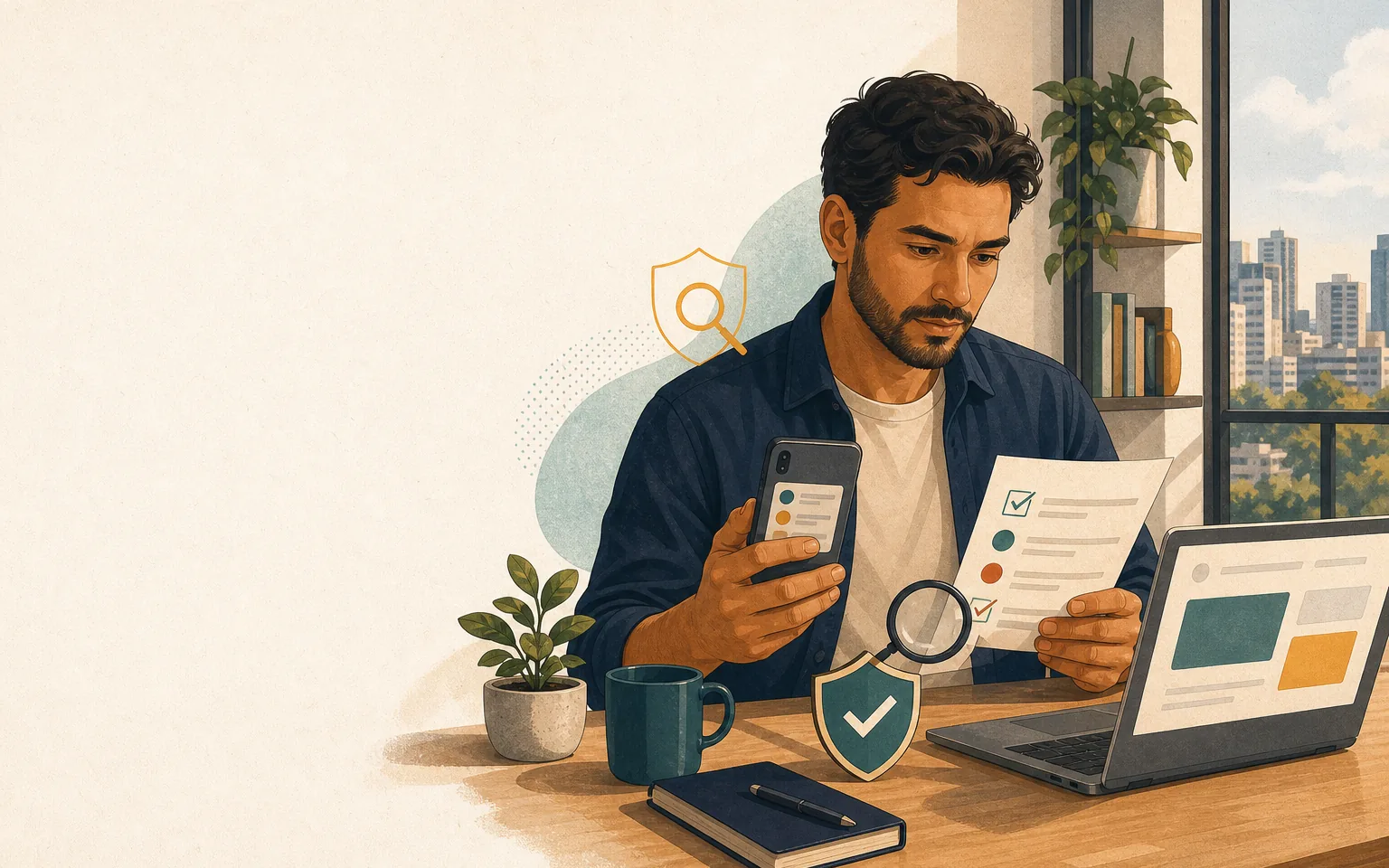 Pessoa conferindo celular, computador e lista de segurança antes de acessar uma conta